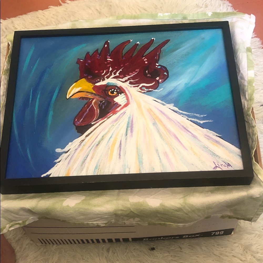 Framed White Rooster Wall Art Painting - Blue Background